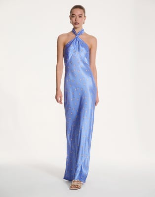 Omnes Arles Twist Front Halterneck Floral Maxi Dress In Blue