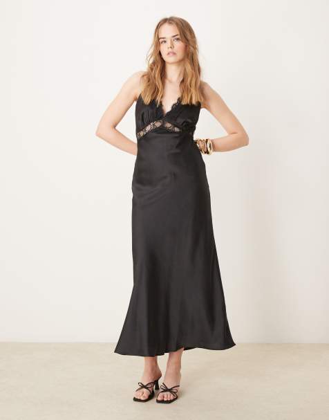 OMNES Aurelia Lace Trim Satin Maxi Dress in black
