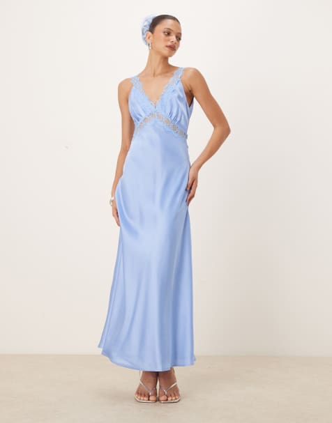 OMNES Aurelia Lace Trim Satin Maxi Dress in Blue