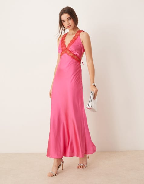 OMNES Aurelia Lace Trim Satin Maxi Dress in Magenta