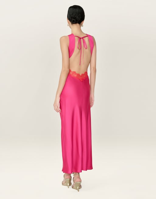Omnes aurelia satin and lace midi dress with open back in hot pink and red, 2 of 4