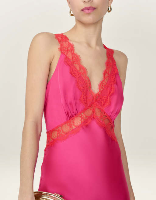 Omnes aurelia satin and lace midi dress with open back in hot pink and red  | ASOS