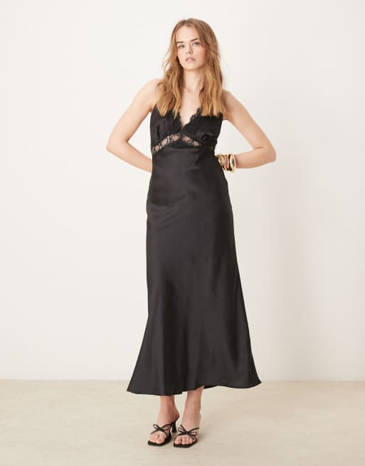 OMNES Aurelia Satin Lace Trim Maxi Dress in black