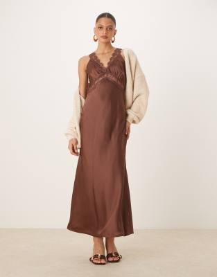 Omnes Aurelia Satin Lace Trim Maxi Dress In Brown