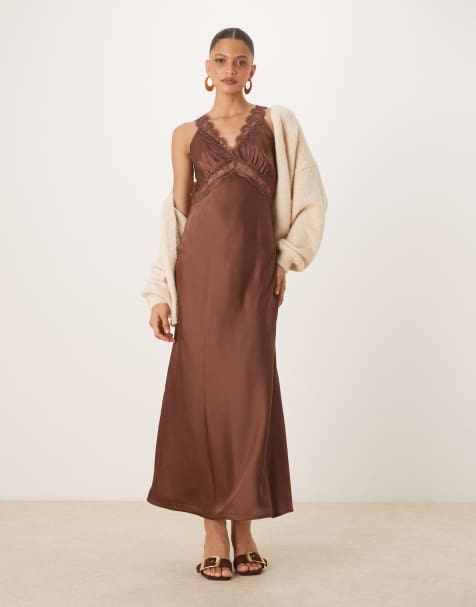 OMNES Aurelia Satin Lace Trim Maxi Dress in brown - view 1