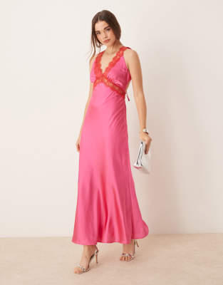 asos OMNES Aurelia Satin Lace Trim Maxi Dress in Magenta
