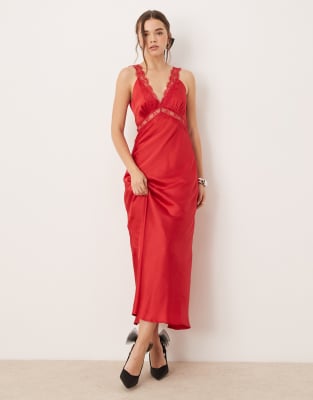 Omnes Aurelia Satin Lace Trim Maxi Dress In Red