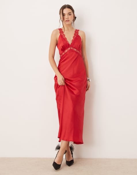 OMNES Aurelia Satin Lace Trim Maxi Dress in Red