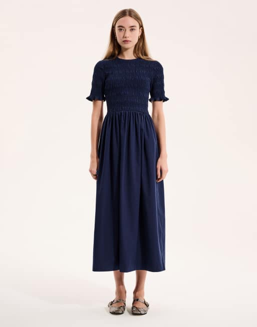 OMNES Becky Shirred Midi Dress in navy