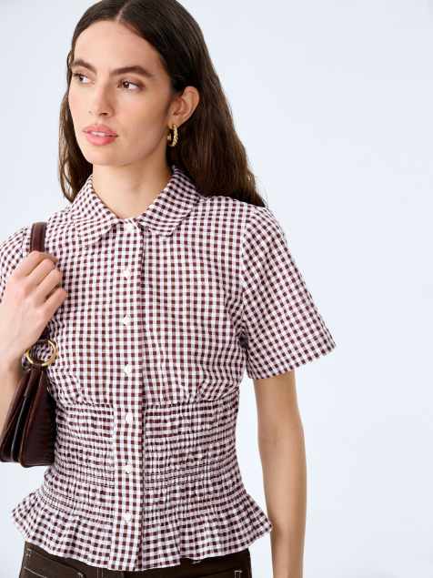 Omnes Blouses/shirts merida cotton seersucker gingham blouse with shirred waist in brown - view 1