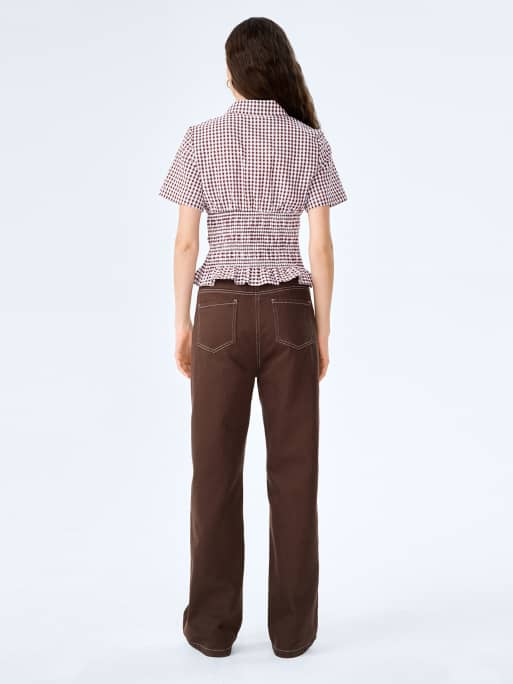 Omnes Blouses/shirts merida cotton seersucker gingham blouse with shirred waist in brown, 2 of 4
