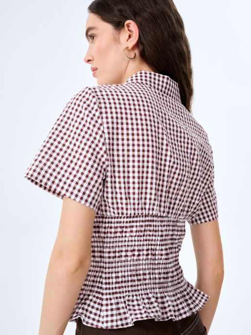 Omnes Blouses/shirts merida cotton seersucker gingham blouse with shirred waist in brown, 4 of 4