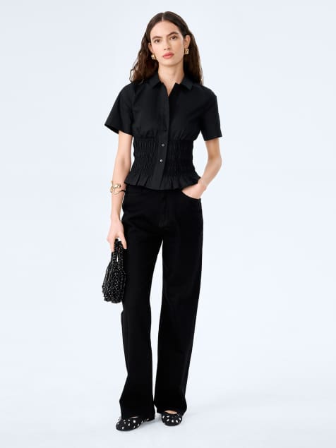Omnes Blouses/shirts merida short sleeve cotton blouse with shirred waist in black in black - view 1