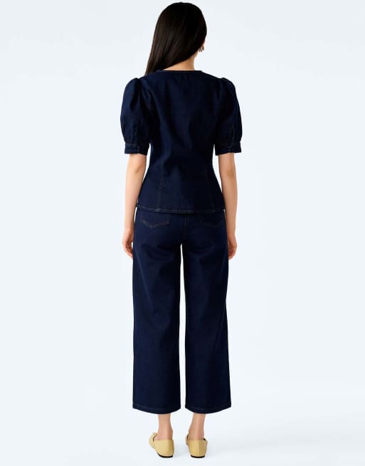 Omnes Blouses/shirts paighton dark wash denim blouse with puff sleeve in blue, 2 of 7
