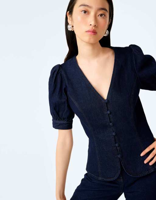 Omnes Blouses/shirts paighton dark wash denim blouse with puff sleeve in blue, 3 of 7