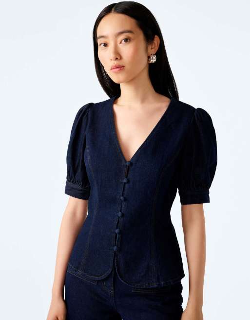 Omnes Blouses/shirts paighton dark wash denim blouse with puff sleeve in blue, 5 of 7