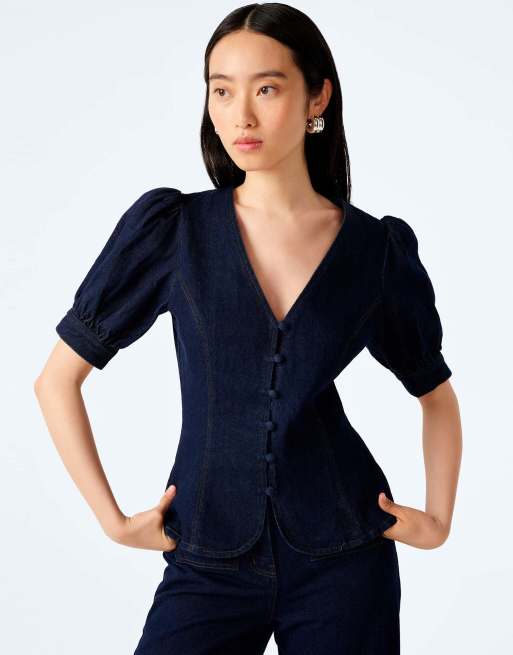 Omnes Blouses/shirts paighton dark wash denim blouse with puff sleeve in blue, 6 of 7