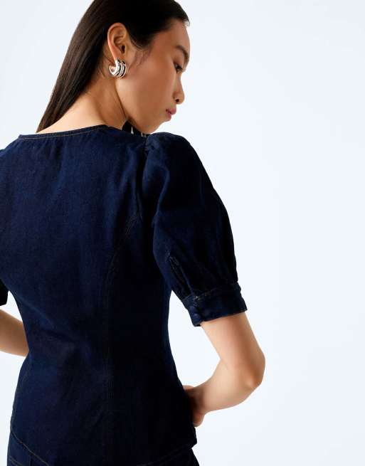 Omnes Blouses/shirts paighton dark wash denim blouse with puff sleeve in blue, 7 of 7