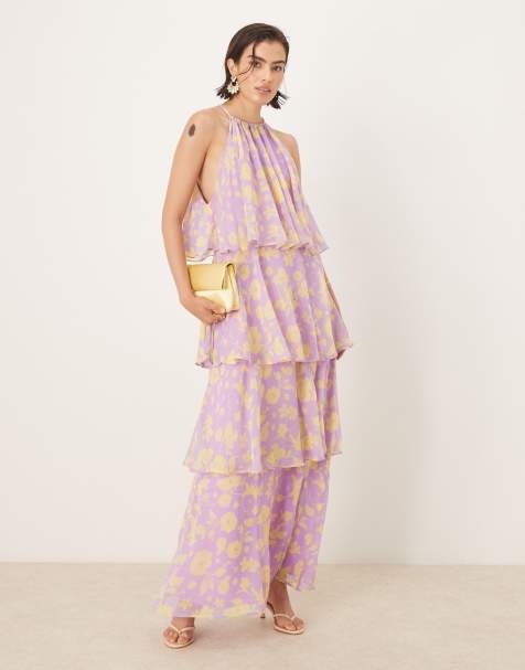 OMNES Cleo floral tiered hem midi dress in purple - view 1