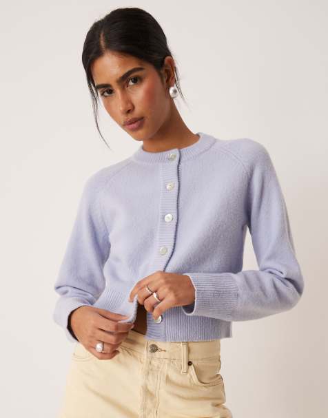 OMNES Crew neck knitted button placket cardigan in blue