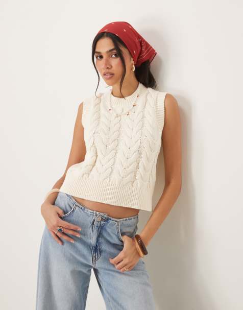 OMNES Crew neck ribbed trim vest in cream - view 1