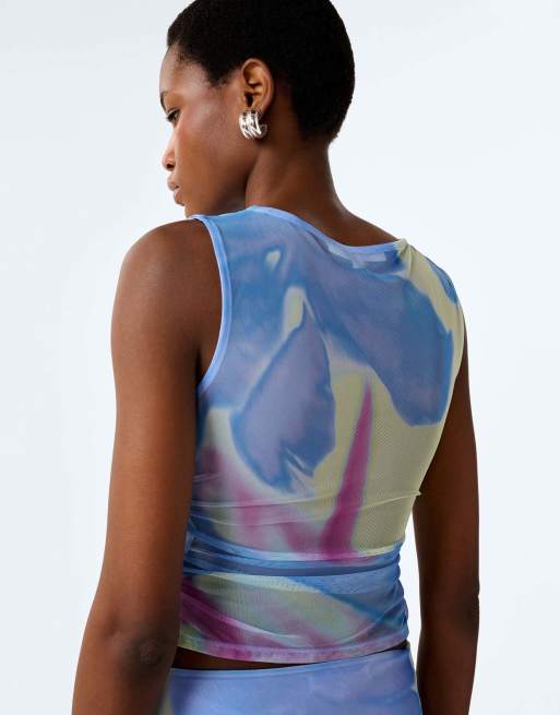 Omnes delia top in mint glitched floral in blue, 2 of 5