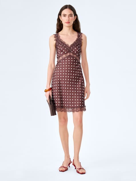 Omnes Dresses allie mini dress​ satin mini dress with starburst print in chocolate in brown