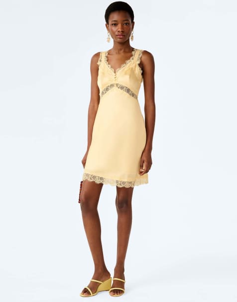 Omnes Dresses allie satin mini dress with lace detail in butter yellow in yellow - view 1