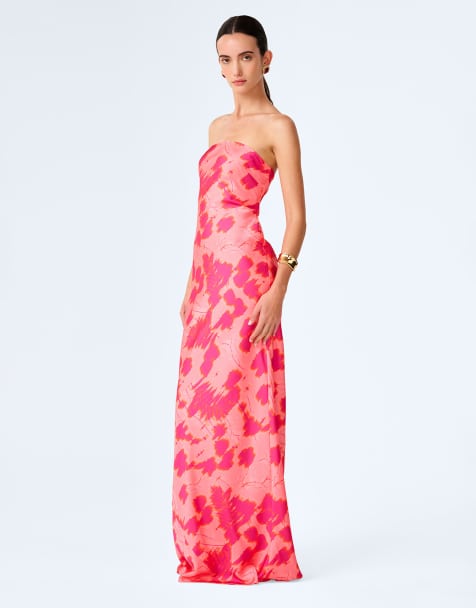 Omnes amdra strapless floral satin maxi dress in hot pink