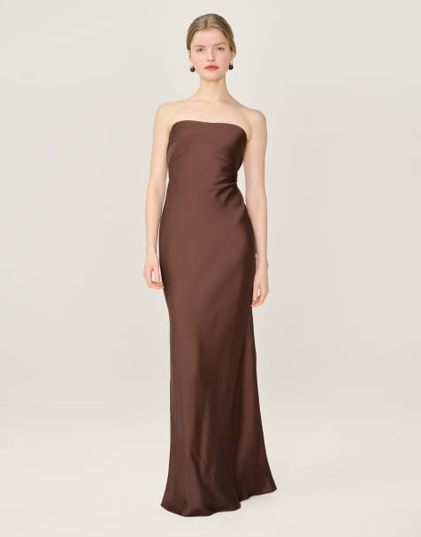 Omnes Dresses amdra strapless satin maxi dress in chocolate brown in brown