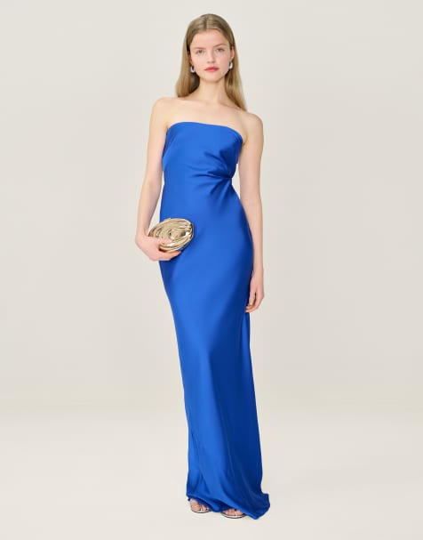 Omnes Dresses amdra strapless satin maxi dress in cobalt blue in blue