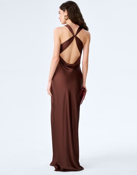 Omnes Dresses andrea dress high neck satin maxi dress with lace cutouts in chocolate brown in brown