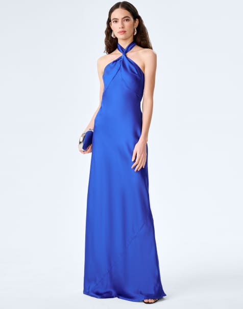 Omnes Dresses arles halterneck satin maxi dress in cobalt blue in blue - view 1