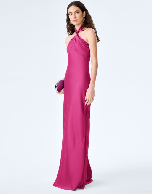 Omnes Dresses arles halterneck satin maxi dress in magenta, 4 of 4