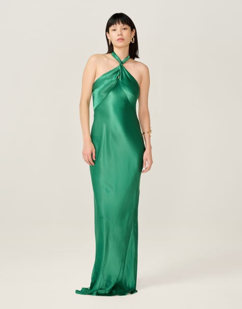 Omnes Dresses arles maxi halterneck satin dress in forest green - view 1