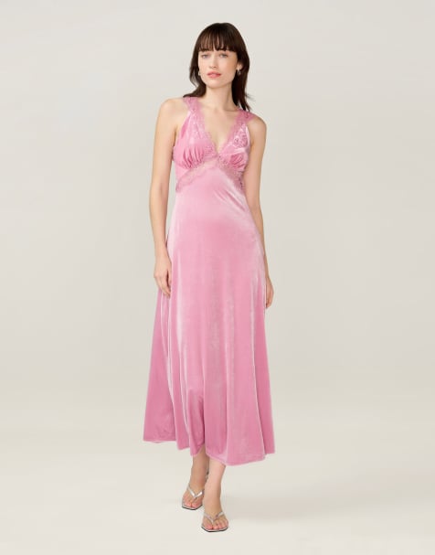 Omnes Dresses aurelia lace detailed maxi dress in pink velvet