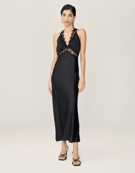 Omnes Dresses aurelia satin and lace midi dress with open back in black in black