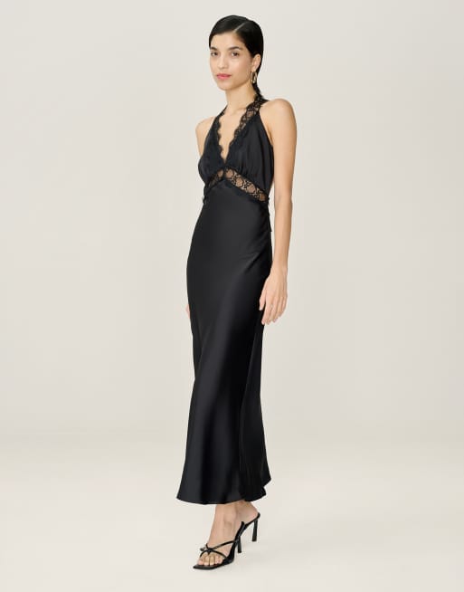 Omnes Dresses aurelia satin and lace midi dress with open back in black, 2 of 4
