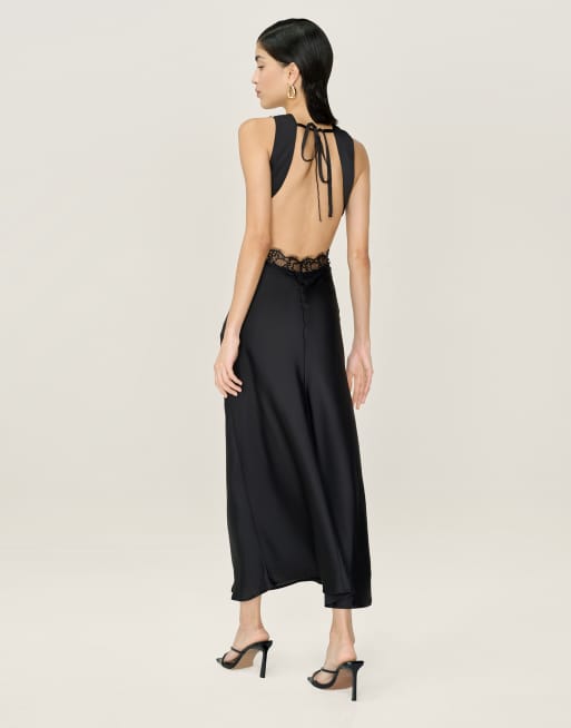 Omnes Dresses aurelia satin and lace midi dress with open back in black, 3 of 4