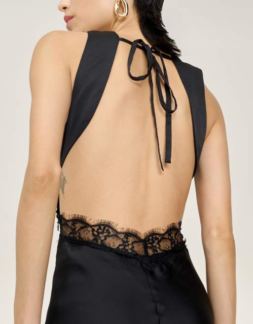 Omnes Dresses aurelia satin and lace midi dress with open back in black, 4 of 4