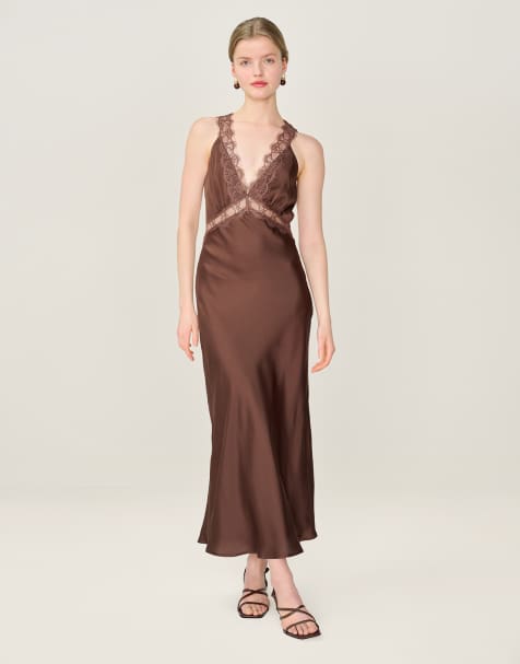 Omnes Dresses aurelia satin and lace midi dress with open back in chocolate brown in brown - view 1