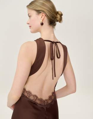 Omnes Dresses aurelia satin and lace midi dress with open back in chocolate  brown in brown | ASOS