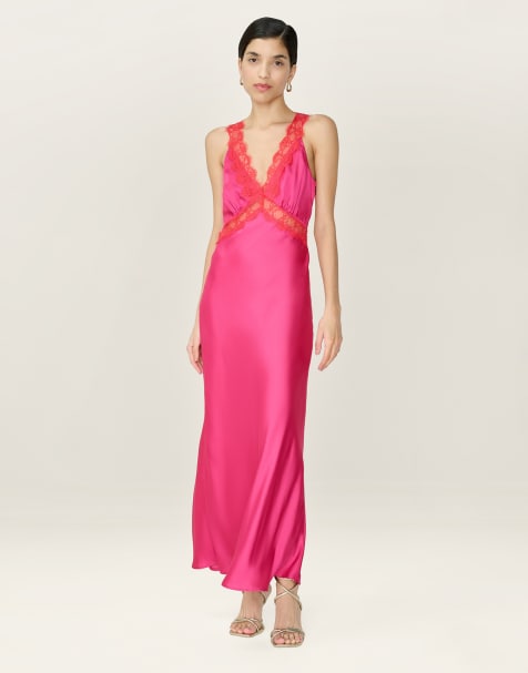 Omnes Dresses aurelia satin and lace midi dress with open back in hot pink in pink