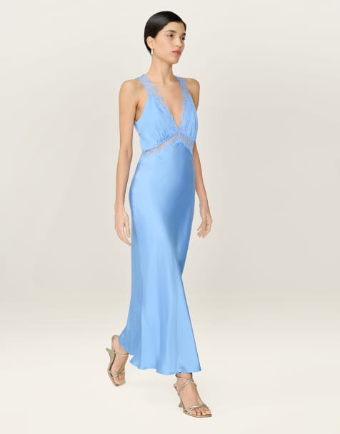 Omnes Dresses aurelia satin and lace midi dress with open back in powder blue in blue