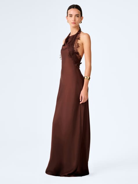 Omnes Dresses benita high neck satin maxi dress in chocolate brown - view 1