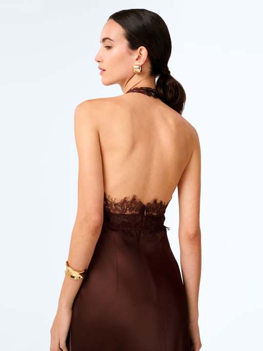 Omnes Dresses benita high neck satin maxi dress in chocolate brown, 2 of 4