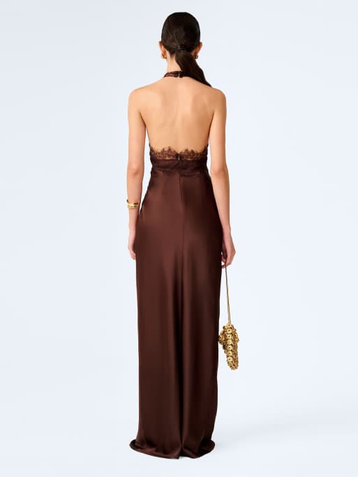 Omnes Dresses benita high neck satin maxi dress in chocolate brown, 3 of 4