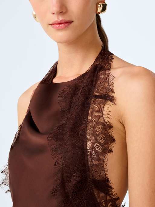 Omnes Dresses benita high neck satin maxi dress in chocolate brown, 4 of 4