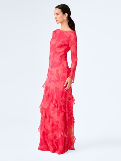 Omnes Dresses bridie long sleeve chiffon boatneck floral maxi dress in hot pink in pink - view 1