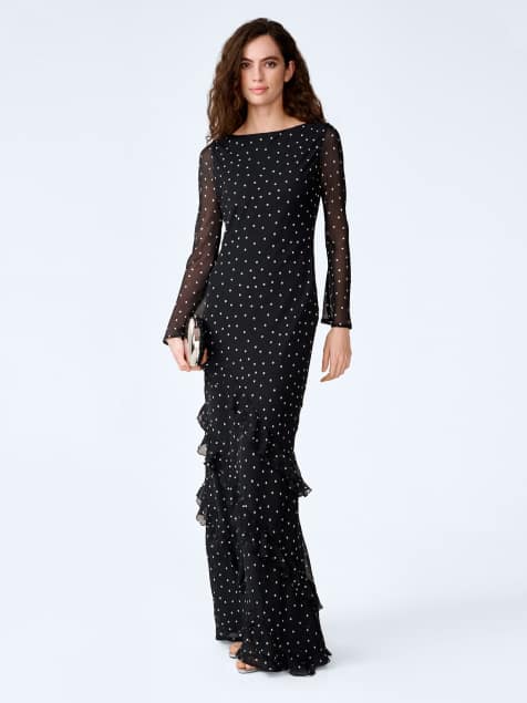 Omnes Dresses bridie long sleeve chiffon boatneck maxi dress in polka dot in black - view 1